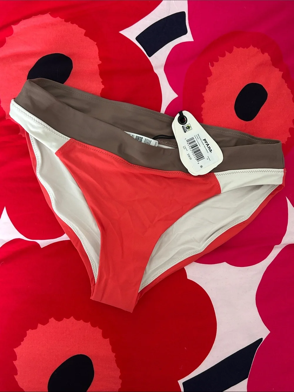 Prana Colorblock Bikini Bottom in Coral, Cream & Taupe